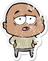 distressed sticker of a cartoon tired bald man png