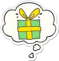 cartoon wrapped gift with thought bubble as a printed sticker png