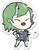 distressed sticker of a cartoon vampire girl pointing and laughing png