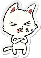 bedrövad klistermärke av en tecknad serie katt med korsade vapen png