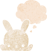 cartoon rabbit with thought bubble in grunge distressed retro textured style png