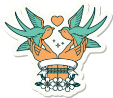 tattoo style sticker with banner of tied hands and swallows png