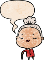 cartoon old woman with walking stick with speech bubble in retro texture style png