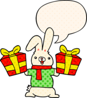 cartoon rabbit with christmas presents with speech bubble in comic book style png