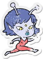 distressed sticker of a pretty cartoon alien girl running png