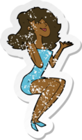 retro distressed sticker of a cartoon attractive woman sitting png