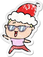 hand drawn distressed sticker cartoon of a happy woman wearing spectacles wearing santa hat png