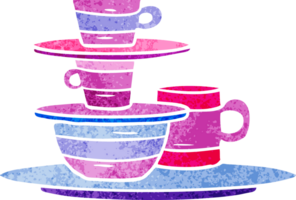 mão desenhado retro desenho animado rabisco do colorida taças e pratos png