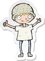 retro distressed sticker of a cartoon boy with positive attitude png