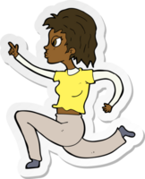 adesivo de uma mulher de desenho animado correndo e apontando png