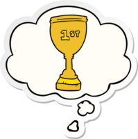 cartoon sports trophy with thought bubble as a printed sticker png