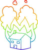 rainbow gradient line drawing of a cartoon burning house png