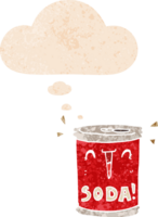 dessin animé un soda pouvez avec pensée bulle dans grunge affligé rétro texturé style png