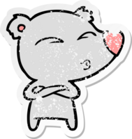 distressed sticker of a cartoon whistling bear png