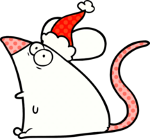 hand- getrokken grappig boek stijl illustratie van een bang muis vervelend de kerstman hoed png