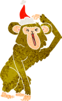 hand drawn retro cartoon of a chimp scratching head wearing santa hat png