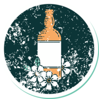 iconisch verontrust sticker tatoeëren stijl beeld van een rum fles en bloemen png