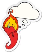 cartoon flaming hot chili pepper with thought bubble as a printed sticker png