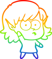 rainbow gradient line drawing of a cartoon elf girl waving png