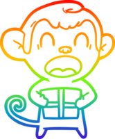 rainbow gradient line drawing of a shouting cartoon monkey carrying christmas gift png