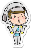 distressed sticker of a happy cartoon astronaut shrugging shoulders png