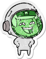 distressed sticker of a cartoon laughing astronaut png