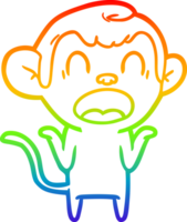 rainbow gradient line drawing of a shouting cartoon monkey shrugging shoulders png