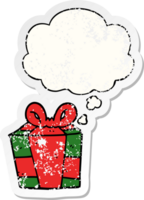 cartoon present with thought bubble as a distressed worn sticker png