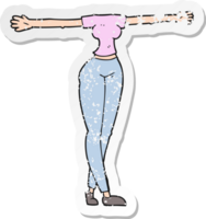 retro distressed sticker of a cartoon female body with wide arms png