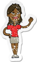 retro distressed sticker of a cartoon woman waving png