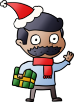 hand drawn gradient cartoon of a man with mustache and christmas present wearing santa hat png