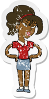 retro distressed sticker of a cartoon woman with hands on hips png