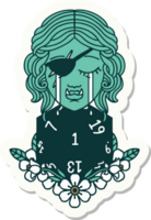 sticker of a crying half orc rogue character with natural one D20 roll png