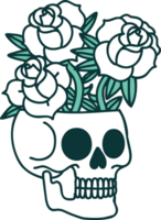 iconic tattoo style image of a skull and roses png