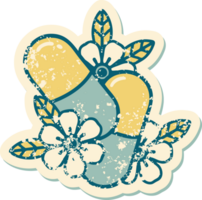 iconisch verontrust sticker tatoeëren stijl beeld van pillen en bloemen png