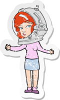 retro distressed sticker of a cartoon woman wearing astronaut helmet png