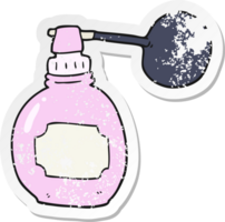 retro distressed sticker of a cartoon perfume bottle png