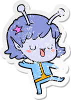 distressed sticker of a happy alien girl cartoon png