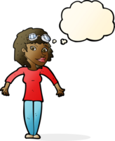 cartoon woman wearing goggles with thought bubble png