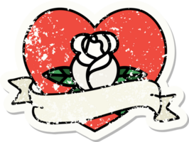 distressed sticker tattoo in traditional style of a heart rose and banner png