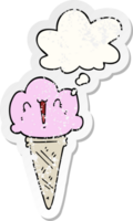 dessin animé la glace crème avec visage avec pensée bulle comme une affligé usé autocollant png