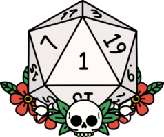 Retro Tattoo Style natural one dice roll with floral elements png