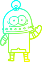 cold gradient line drawing of a happy carton robot with light bulb png