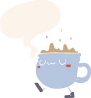 cartoon coffee cup walking with speech bubble in retro style png