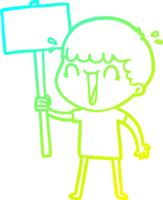 cold gradient line drawing of a laughing cartoon man waving placard png