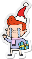 hand drawn sticker cartoon of a man crying wearing santa hat png