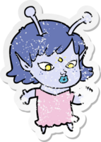 distressed sticker of a pretty cartoon alien girl png