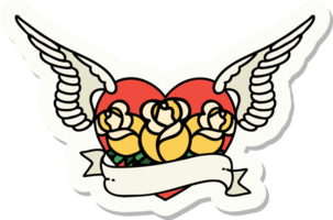 sticker of tattoo in traditional style of a flying heart with flowers and banner png