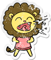 verontruste sticker van een cartoon brullende leeuw in jurk png