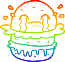 rainbow gradient line drawing of a cartoon crying fast food burger png